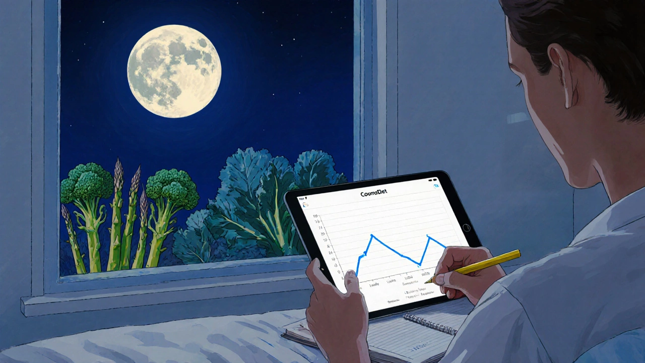 A person closing a food journal at night with a tablet showing a stable INR graph.