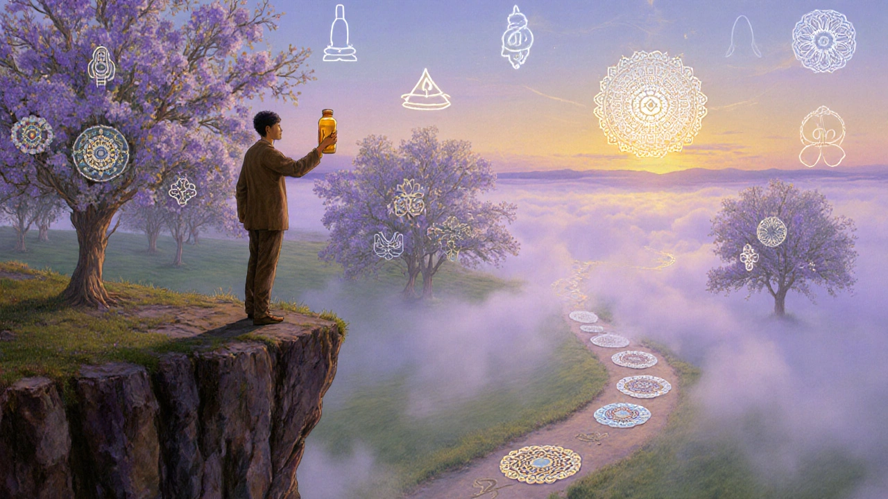 A person reaches toward healing symbols while a path of tapering doses fades into mist at their feet.