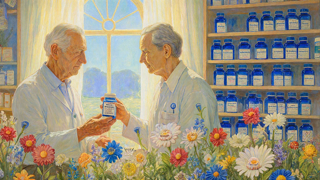 A pharmacist gives a generic ambrisentan bottle to a patient in a sunlit pharmacy, with bottles from multiple manufacturers on the shelves.