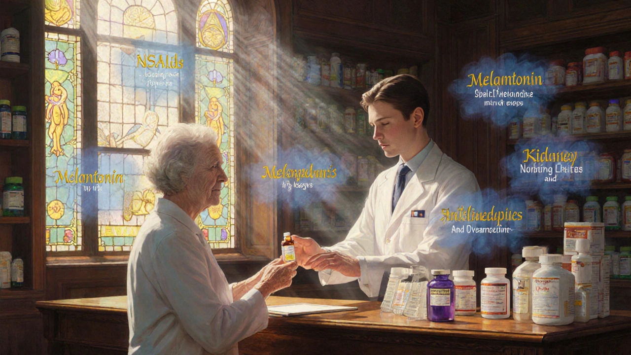 A pharmacist gives melatonin to an elderly woman as ethereal warnings hover over dangerous drugs in a luminous, painterly setting.