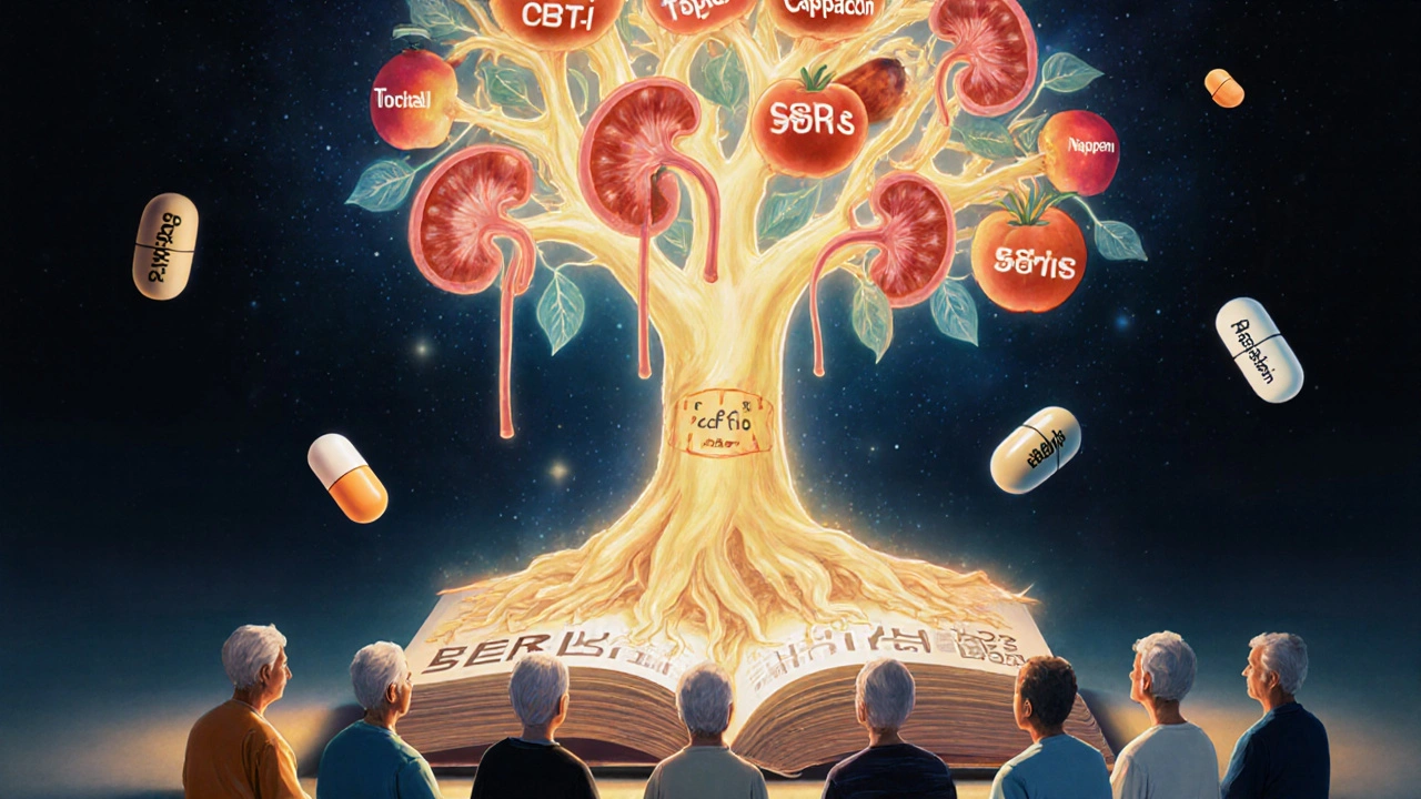 A radiant tree of safe alternatives grows from the Beers Criteria book, while risky pills fall away in a peaceful scene of senior care.