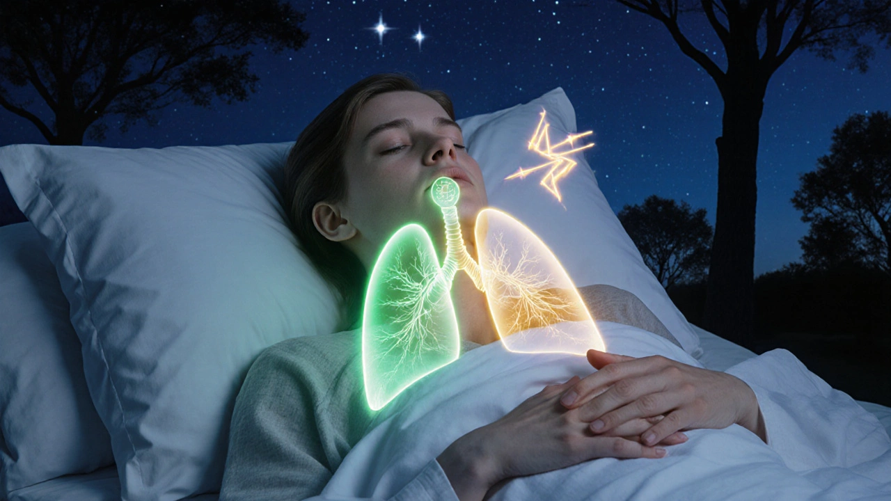 A sleeping patient with glowing lungs and subtle stimulant energy disrupting rest at night.