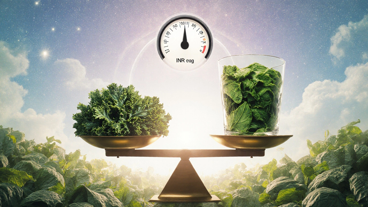 A symbolic scale balancing cooked kale and spinach under a soft celestial glow.