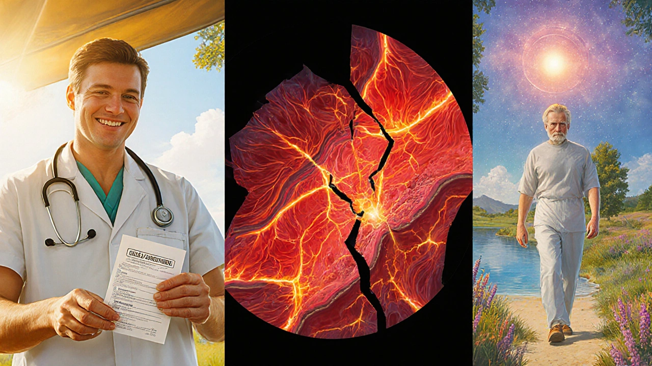 A triptych showing prescription, pancreatitis risk, and recovery—all in rich, dreamlike colors and detail.