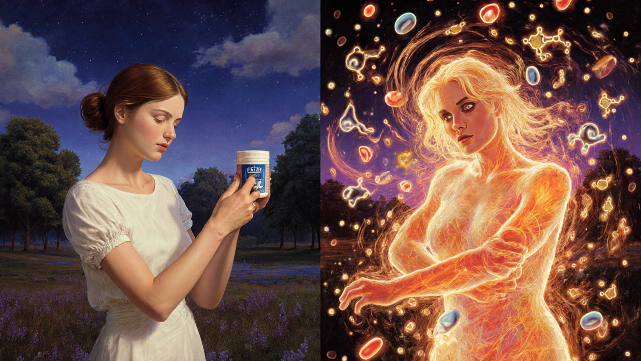 A woman applying cream while her reflection shows torment from drug-induced itch, surrounded by glowing molecular forms.