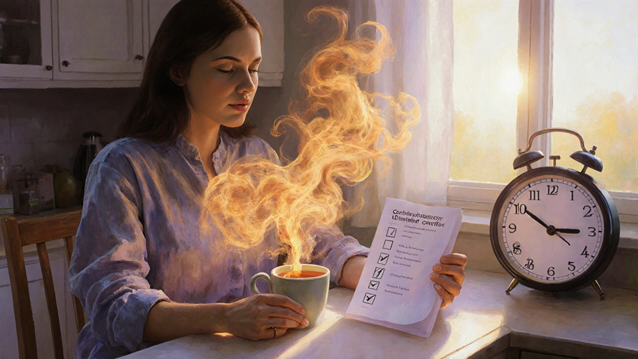 A woman at a kitchen counter with glowing inflammatory molecules rising from her chest, facing a morning clock and unfinished tasks.