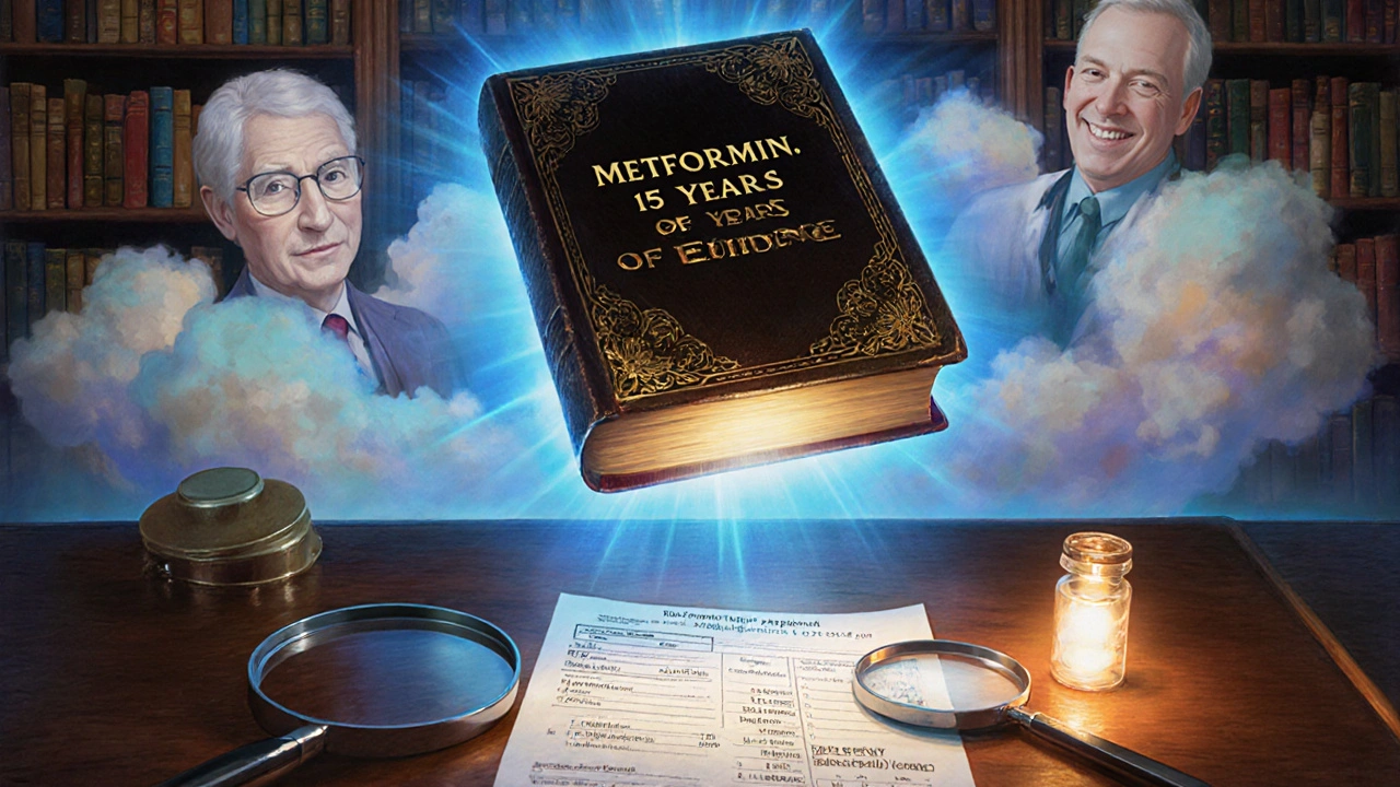 An ancient glowing book about metformin with a blood test and B12 supplement nearby.