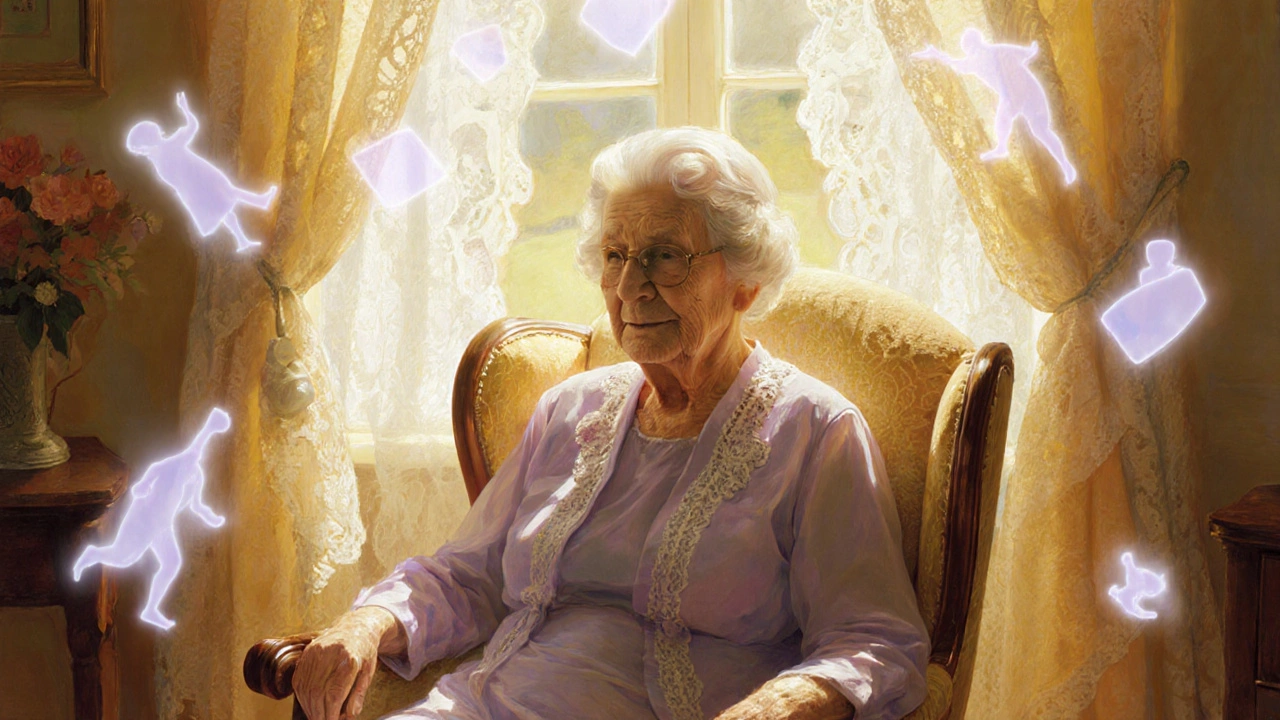 An elderly woman sits peacefully as ghostly shadows of memory loss and instability hover around her.