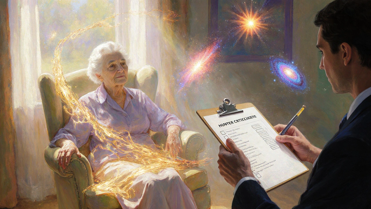 An elderly woman surrounded by floating symptoms of serotonin syndrome, bathed in luminous, dreamlike light.