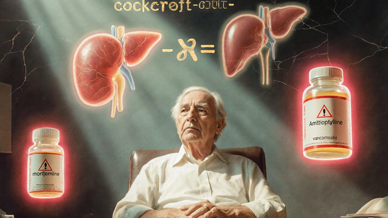 An older man surrounded by floating medication bottles with warning halos, liver and kidney fading above him.