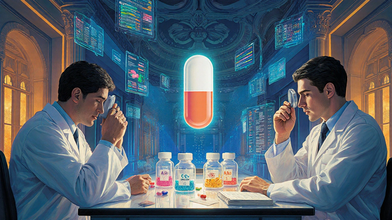 Laboratory inspectors analyze drug samples under holographic compliance data in a luminous, detailed room.