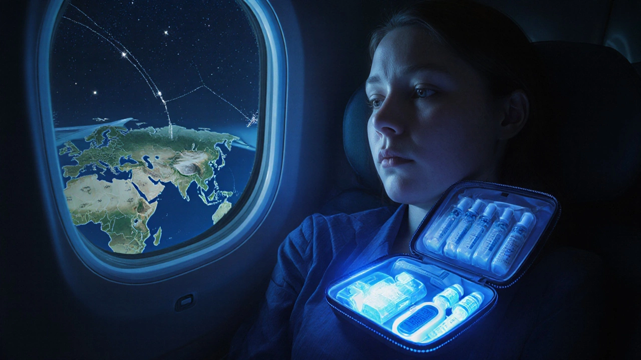 Passenger sleeping on plane with medical devices safely stored in carry-on, stars visible through window.