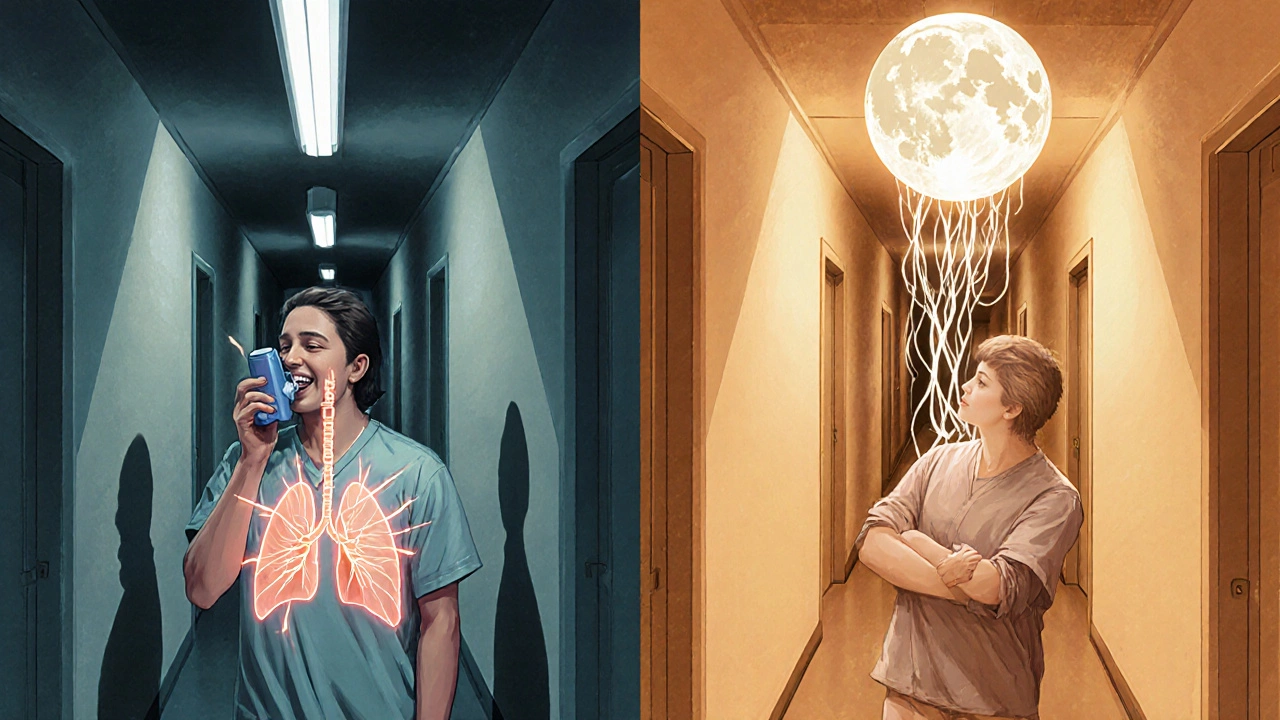 Split scene showing evening inhaler use at 10 p.m. vs. 7 p.m. with contrasting light and energy.