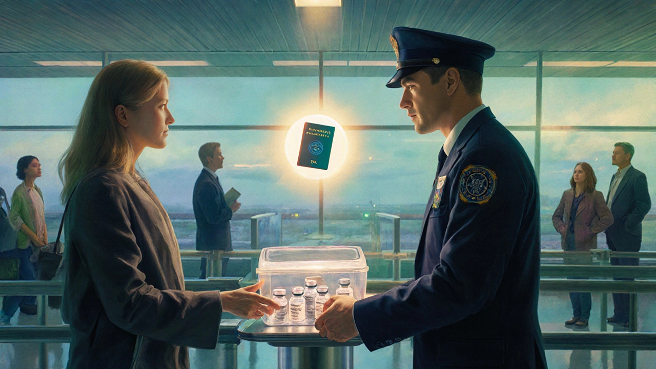 Traveler presenting insulin cooler to TSA agent at security checkpoint with digital passport glowing nearby.
