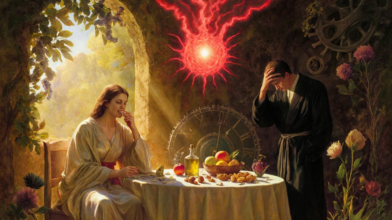 Two figures: one healthy with fruits in sunlight, another in shadow with a pulsing aneurysm, surrounded by broken clocks and wilting flowers.