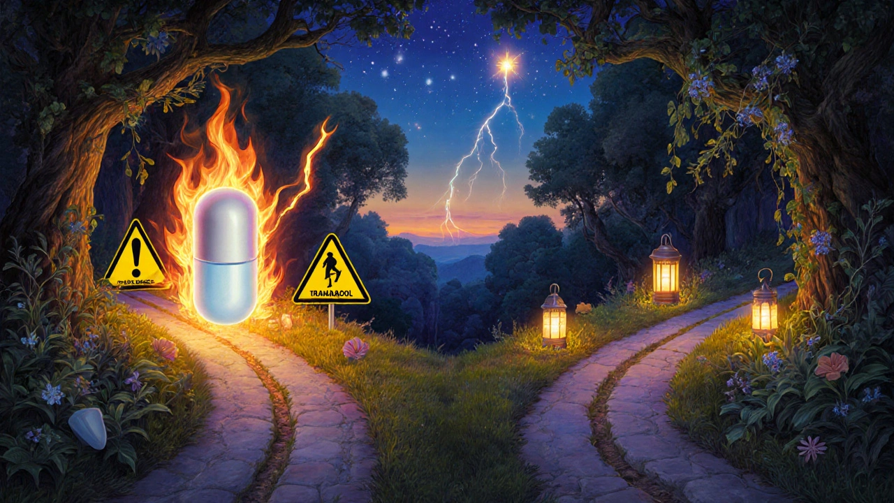 Two paths diverging: one with warning symbols around tramadol, the other with safe alternatives in a glowing forest.