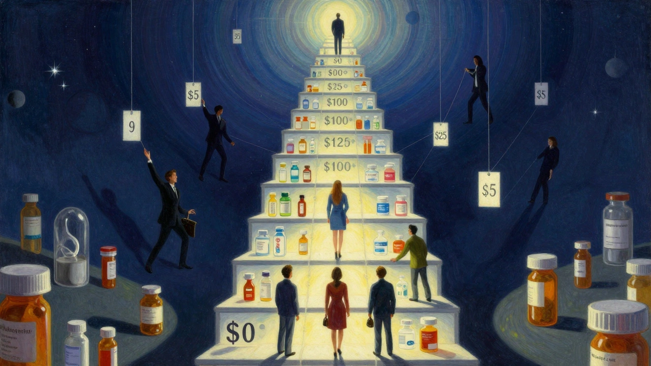 A celestial ladder of drug tiers with patients climbing toward affordable generics.