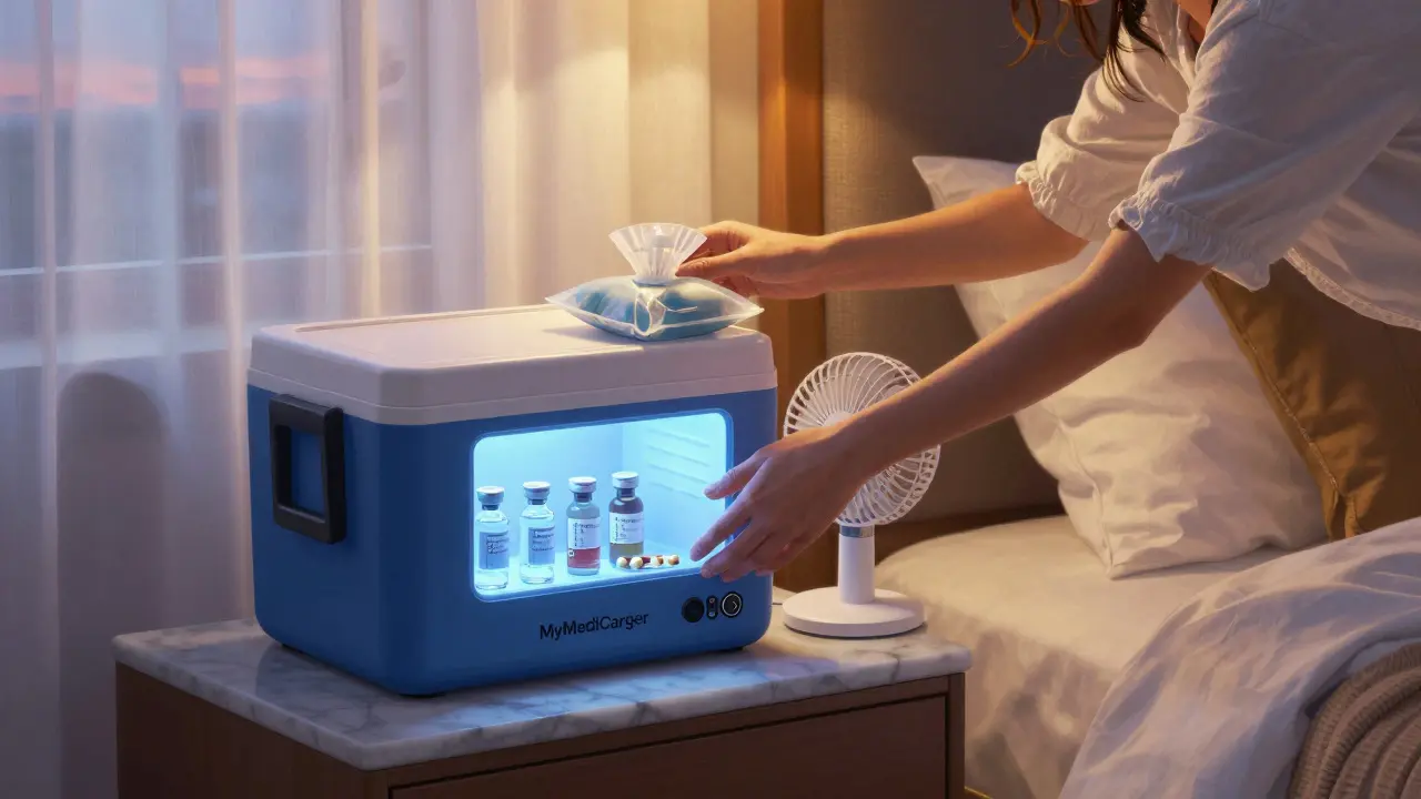 A cooler with medication beside a nightstand in a hotel room, glowing softly in lamplight.
