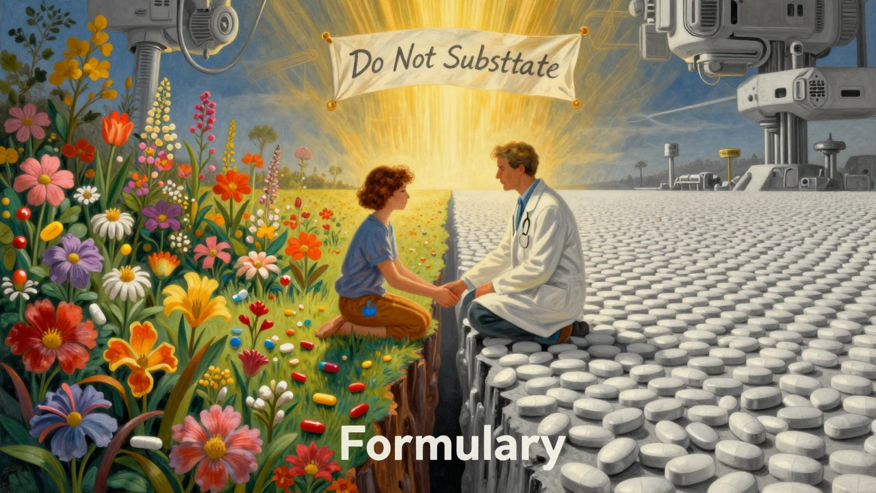 A doctor and patient connected across a landscape divided by a formulary chasm, one side colorful with medications, the other gray and uniform.