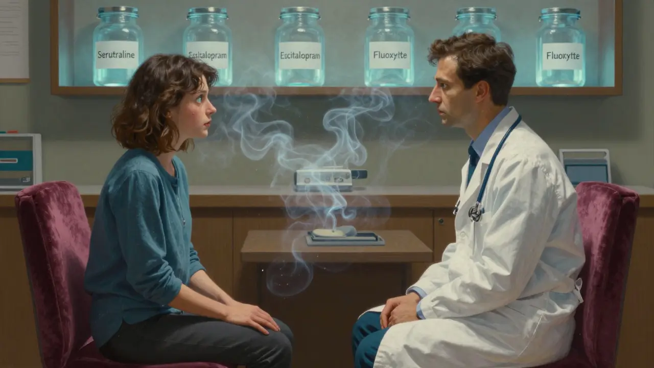 A doctor and patient sit in a softly lit office as fading emotional symbols drift between them like smoke.