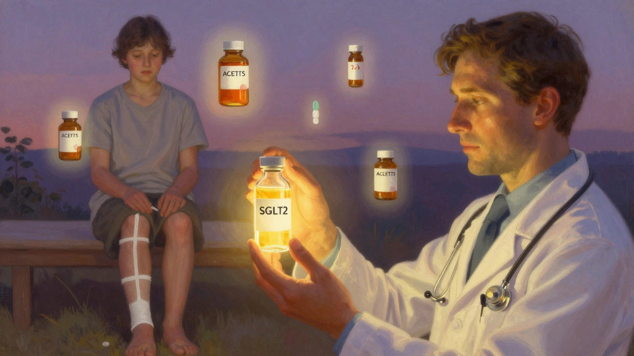 A doctor holds a glowing urine sample as symbols of diabetes and medication float nearby in soft twilight hues.
