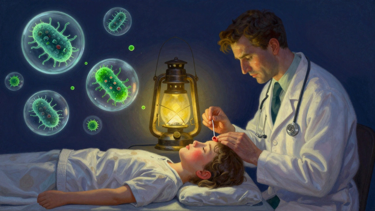 A doctor inserting an ear wick as glowing bacteria and antifungal spores float around, in warm clinical lighting.