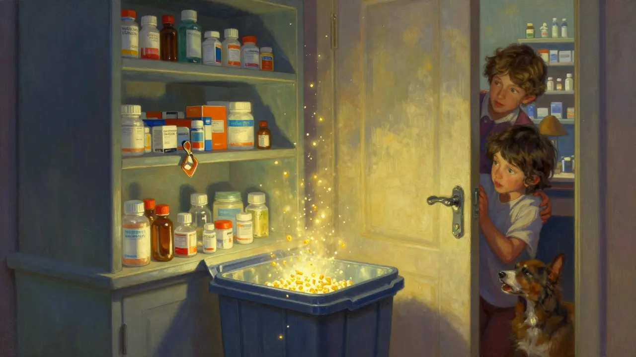 A family disposing of expired meds at a pharmacy drop-off, with golden particles rising safely away.