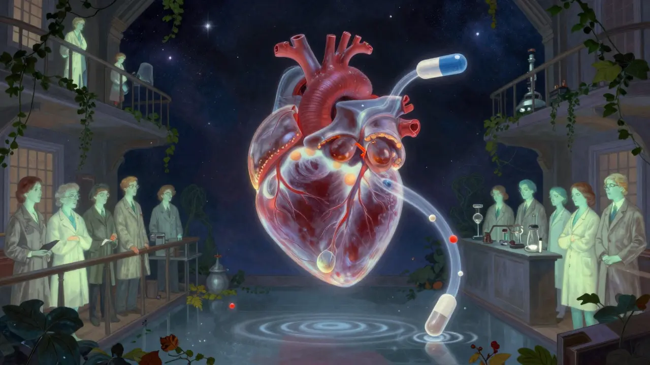 A floating human heart with drug molecules streaming from brand and generic pills, observed by scientists.