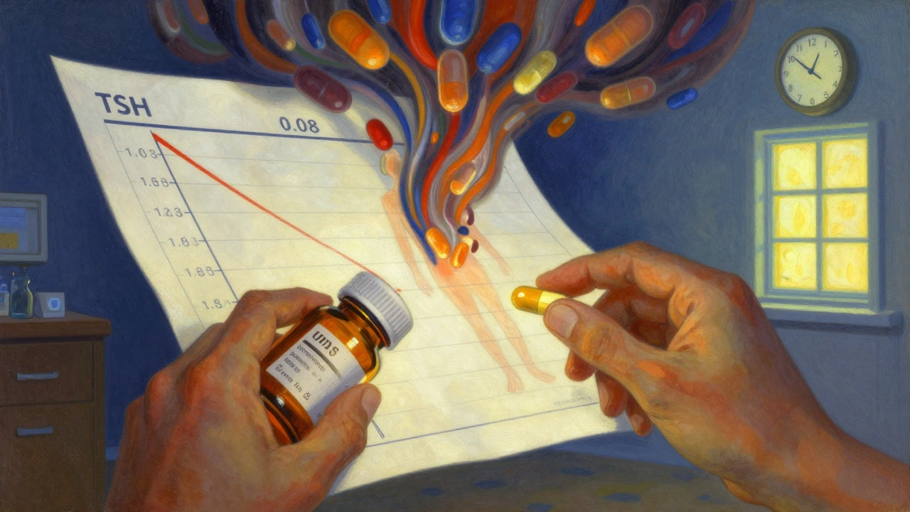 A floating medical chart showing crashing TSH levels as two hands combine medication and supplement, with stormy hormones swirling.