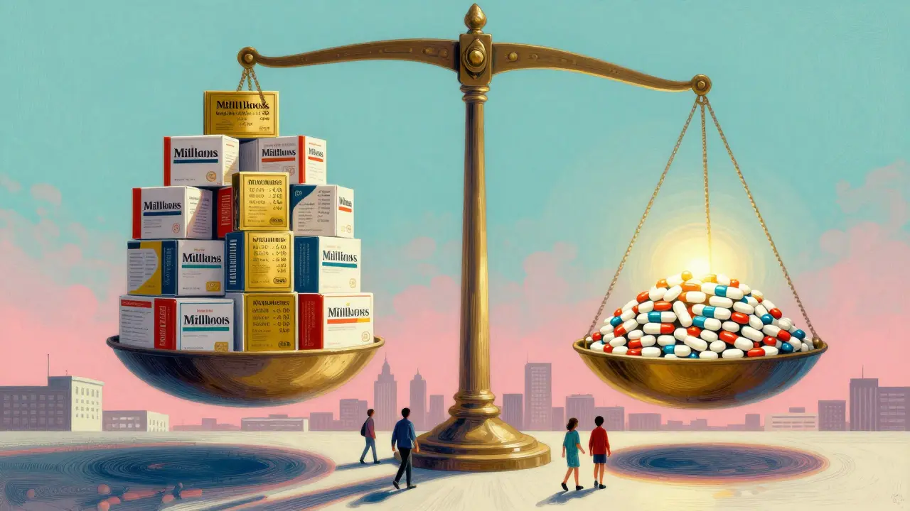 A giant balance scale comparing expensive brand-name drugs to affordable generics, with a peaceful city below, in Maxfield Parrish style.