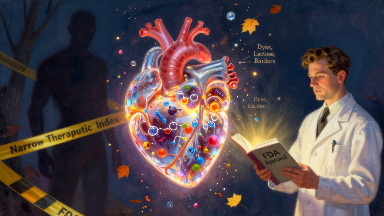 A glowing heart with chemical structures inside, surrounded by floating inactive ingredients, while a pharmacist holds open an FDA-approved book.
