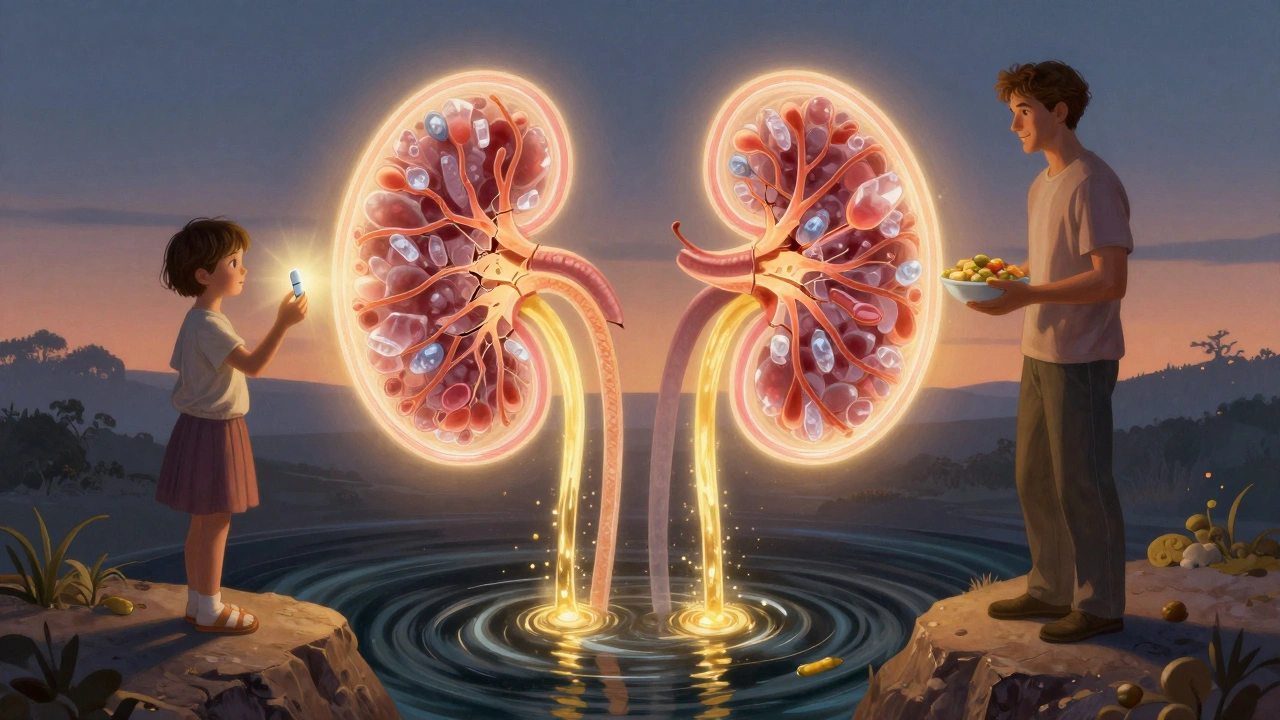 A glowing kidney with cracking filters releasing golden protein, while a child and adult receive healing light from treatment.