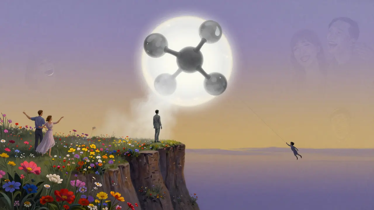 A grayscale figure stands on a cliff as a glowing serotonin molecule dims the vibrant world below.