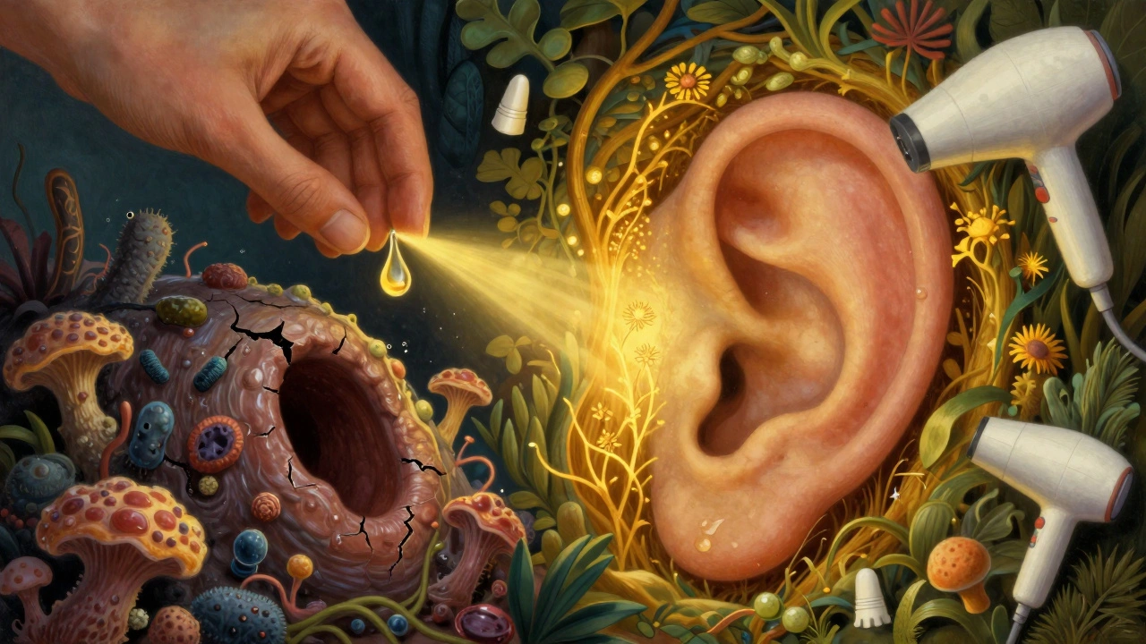 A healthy ear canal glowing golden beside a damaged one, with a healing drop radiating light and earplugs nearby.