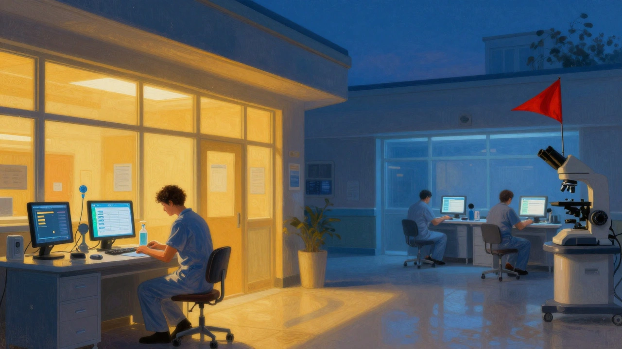 A hospital at twilight: one wing glowing with verified results, the other shadowed with ignored protocols and a red warning flag.