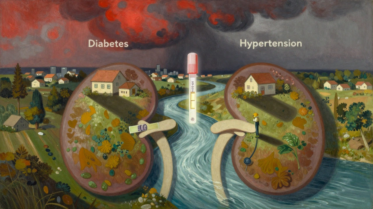 A kidney-shaped river flows through a valley, with a storm cloud looming over cities labeled diabetes and hypertension.