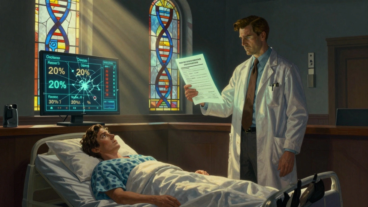 A lab director presenting a validation report as false drug levels cast shadows over a patient’s bed, lit by divine light.