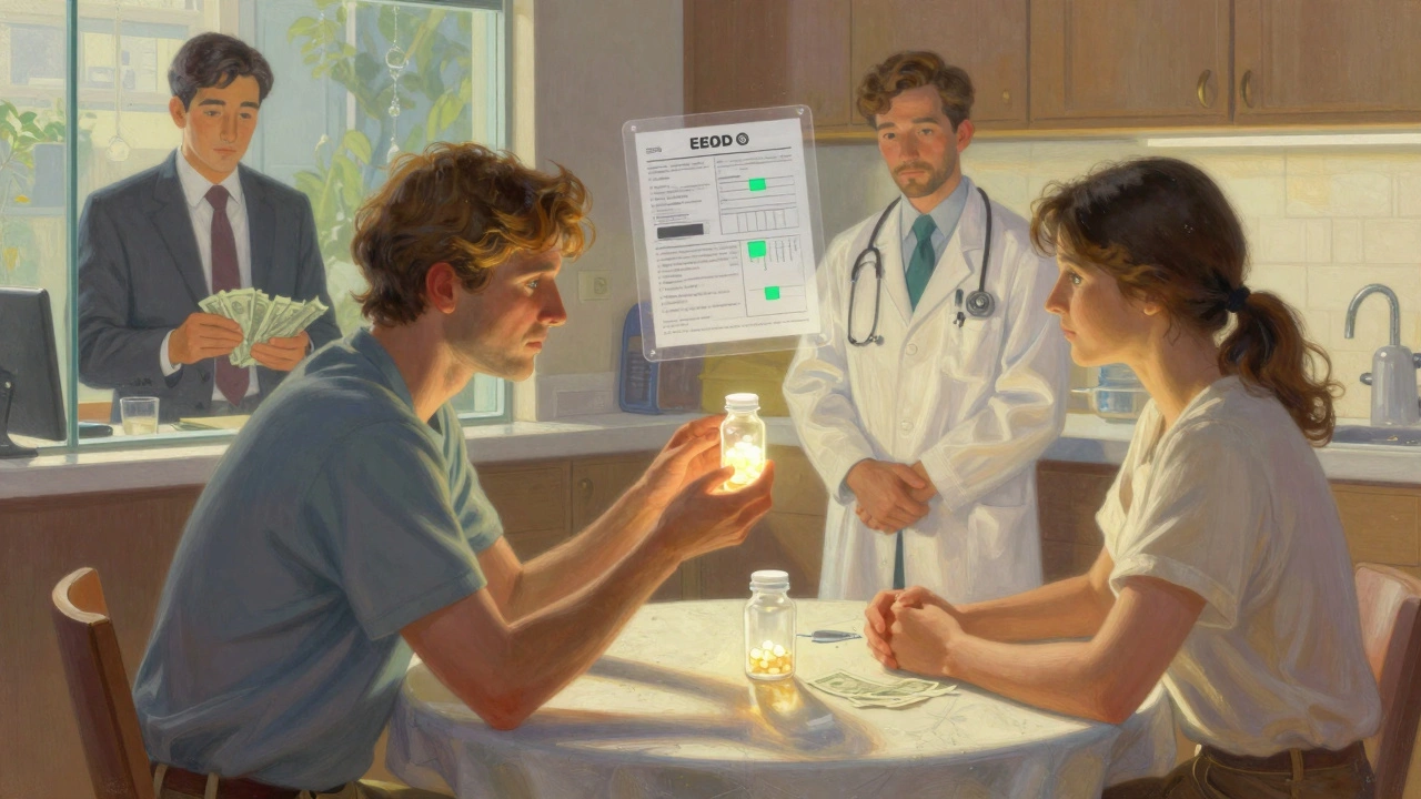 A patient holds a transparent pill bottle as split scenes show PBM profits and doctor consultation.