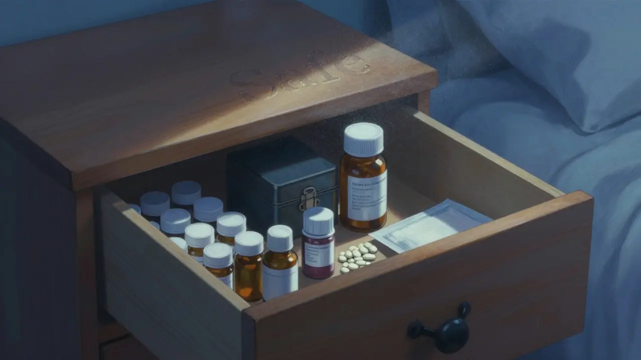 A peaceful bedroom dresser with organized medication bottles and a lockbox in soft morning light.