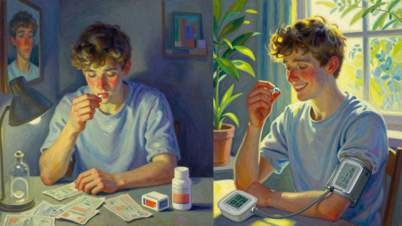 A person transitions from doubt to health, shown in two sides of a scene: one dim and anxious, the other bright and calm, with pills and medical devices.