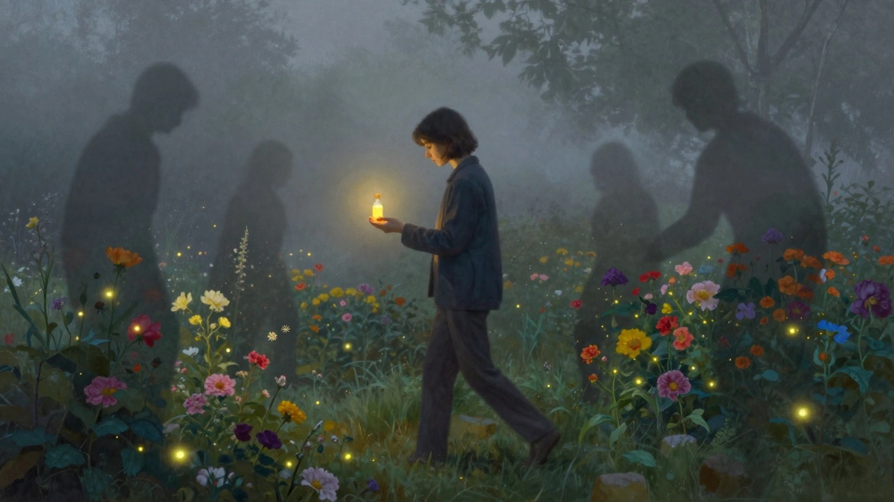A person walking through a misty garden, holding a glowing medicine vial as shadows fade into blooming flowers.