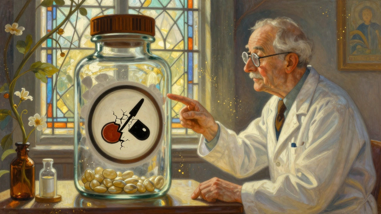 A pharmacist and patient examining a pill bottle with a cracked-pill warning, surrounded by soft light and vines.