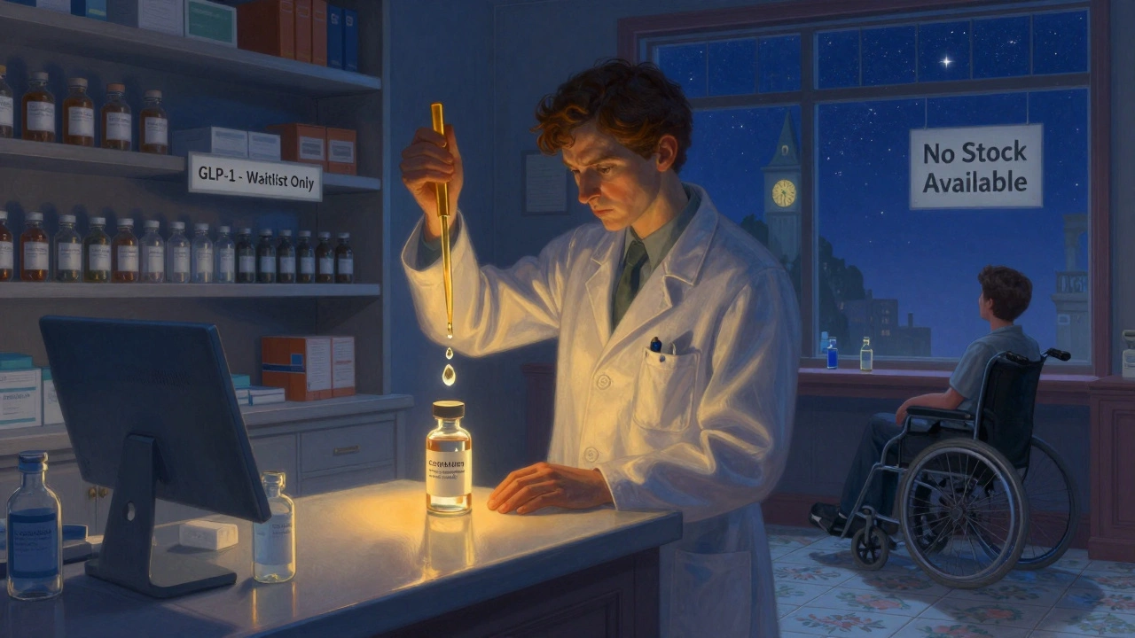 A pharmacist divides a precious vial of chemotherapy drug into floating droplets under twilight light.