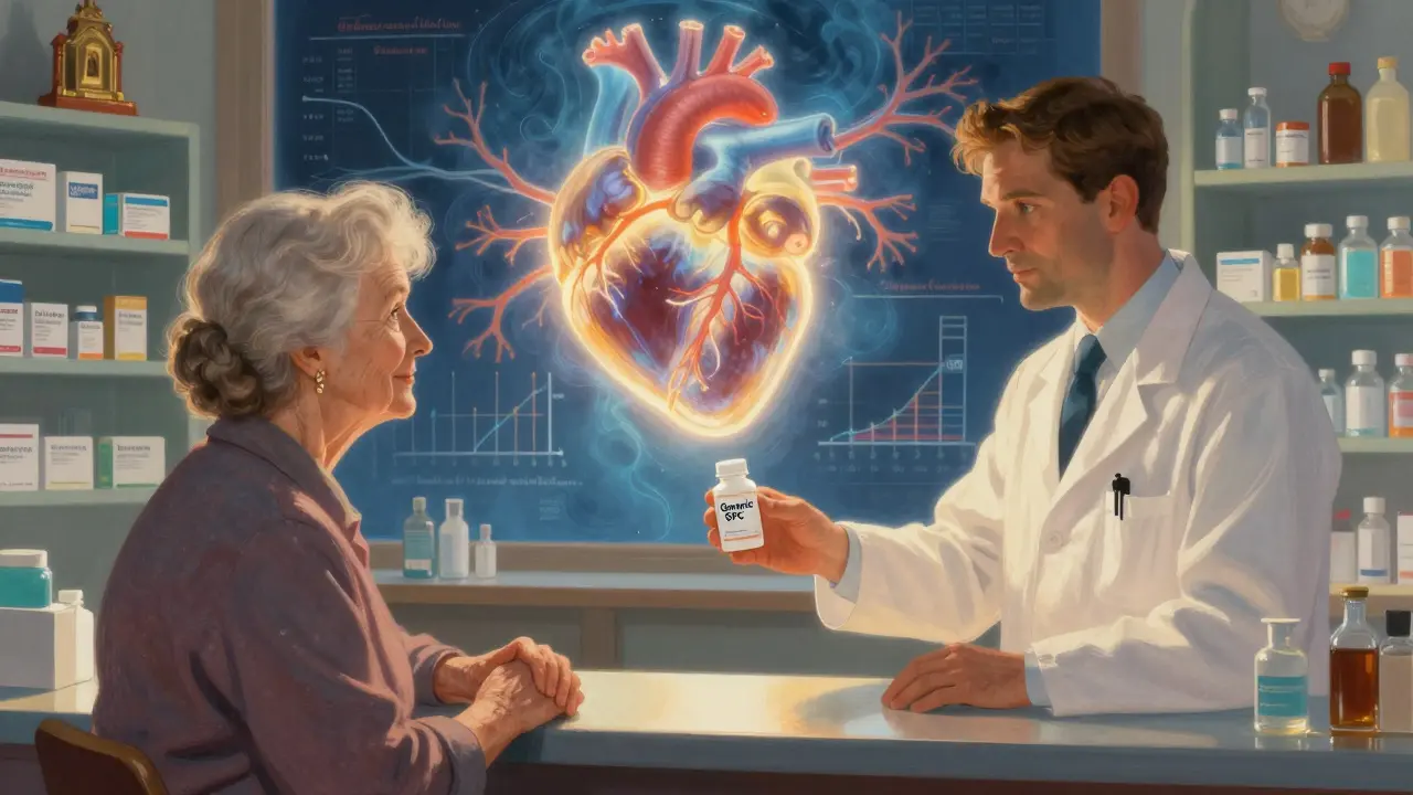 A pharmacist giving a combination pill bottle to an elderly woman, with a glowing heart and blood pressure mural in the background.