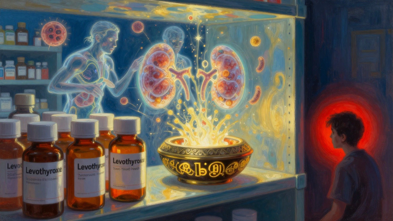 A pharmacy shelf with levothyroxine and ashwagandha side by side, glowing with golden light and floating hormone particles.