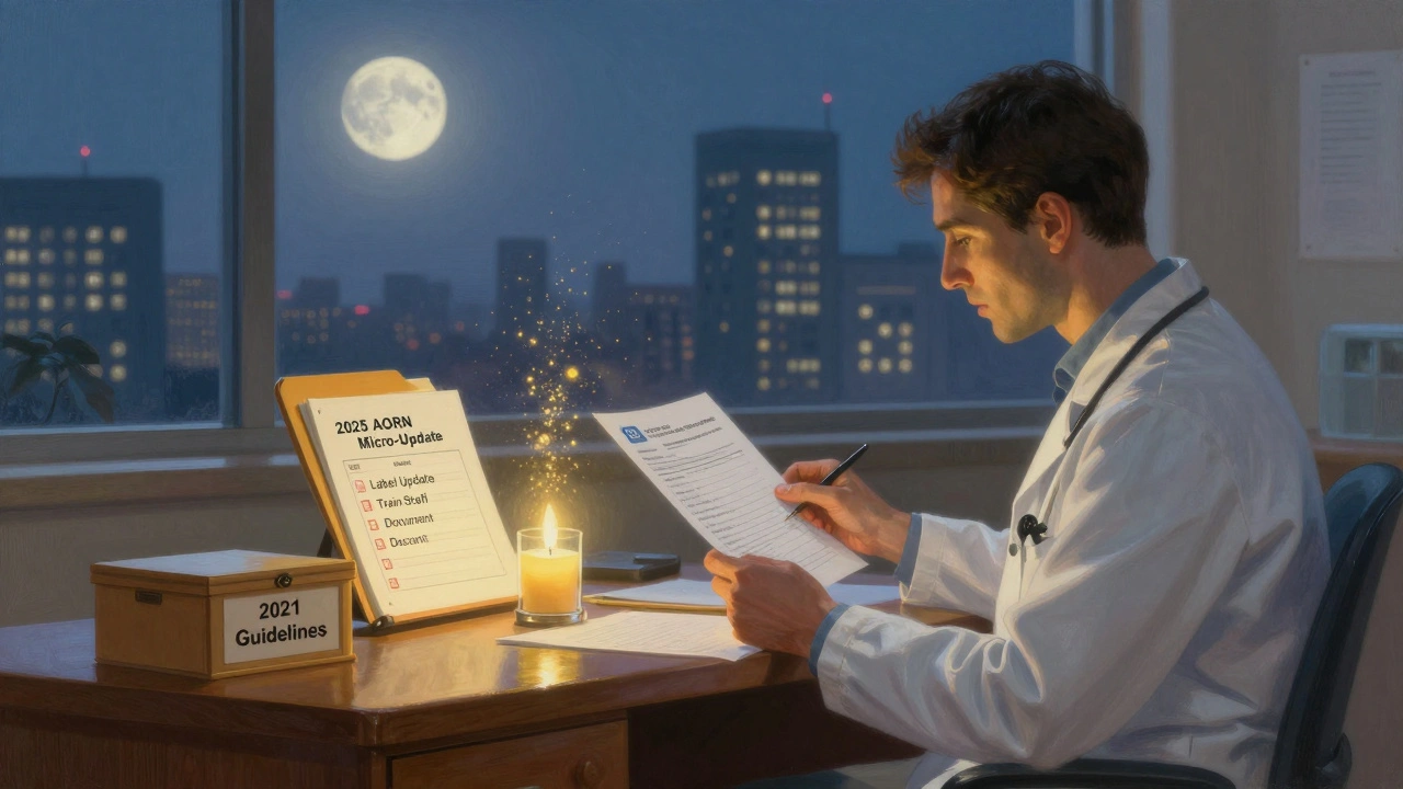 A physician reads an alert as outdated guidelines close and new safety steps glow into existence in a quiet clinic at twilight.