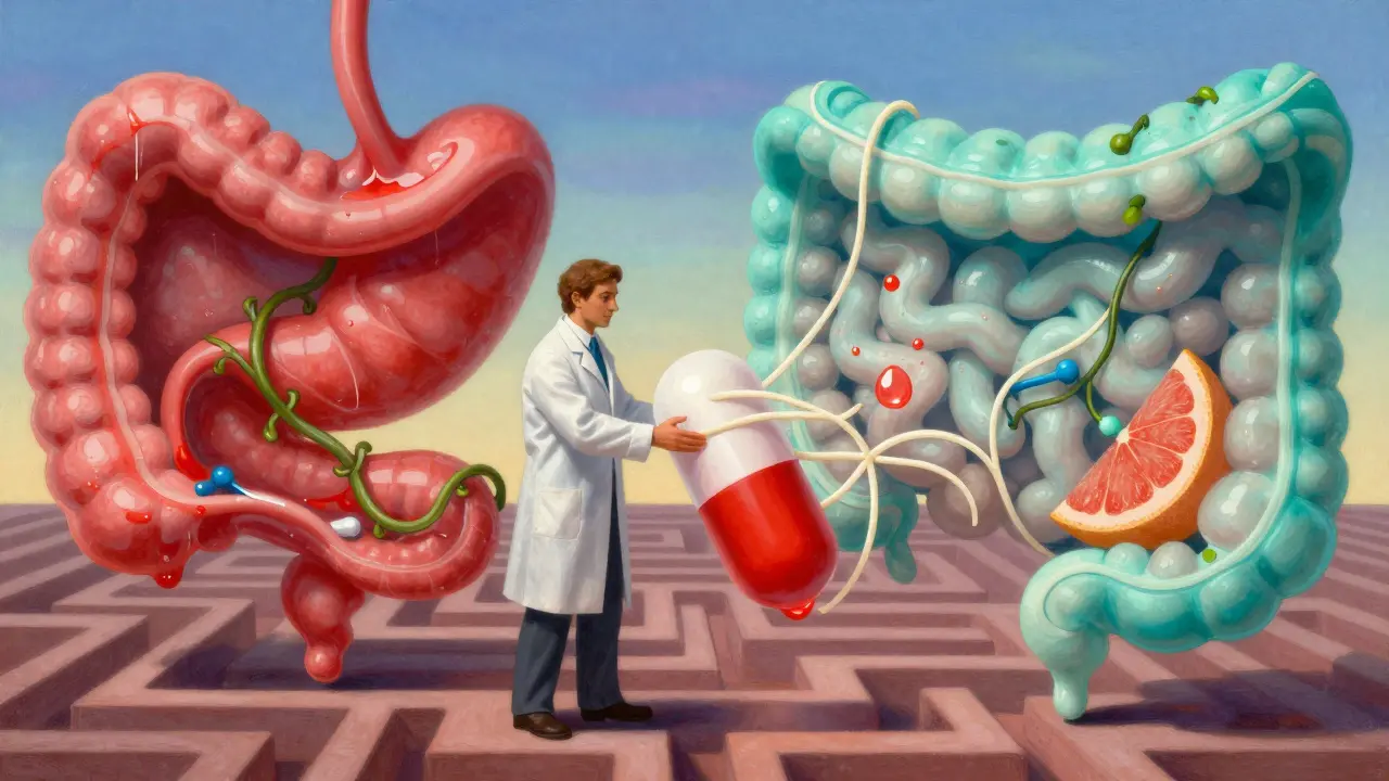 A pill navigating a pH-shifting intestine, hindered by fiber vines and grapefruit droplets in dreamlike light.