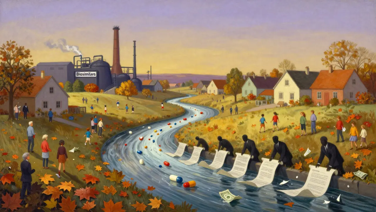 A river of biosimilar pills flows into a thriving town as corporate barriers crumble, illustrated in Maxfield Parrish style.