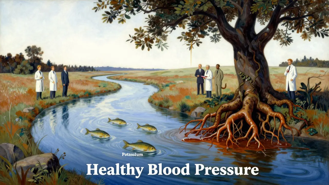 A serene river tainted by a dark licorice root tree spilling glycyrrhizin, causing potassium fish to float away under luminous painterly skies.