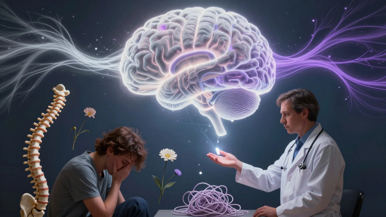 A translucent brain with radiant streams of serotonin and norepinephrine, healing symbols of pain and fatigue.